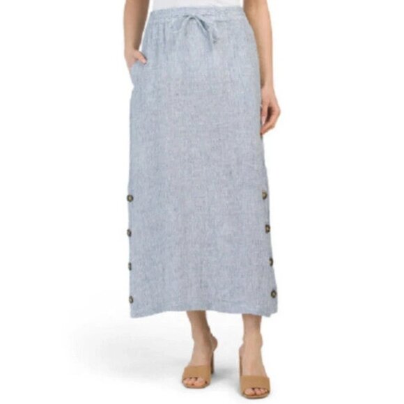 Tahari Size Large Gauzy Pull On Elastic Waist 100% Linen Gray Skirt Pockets - Picture 1 of 9